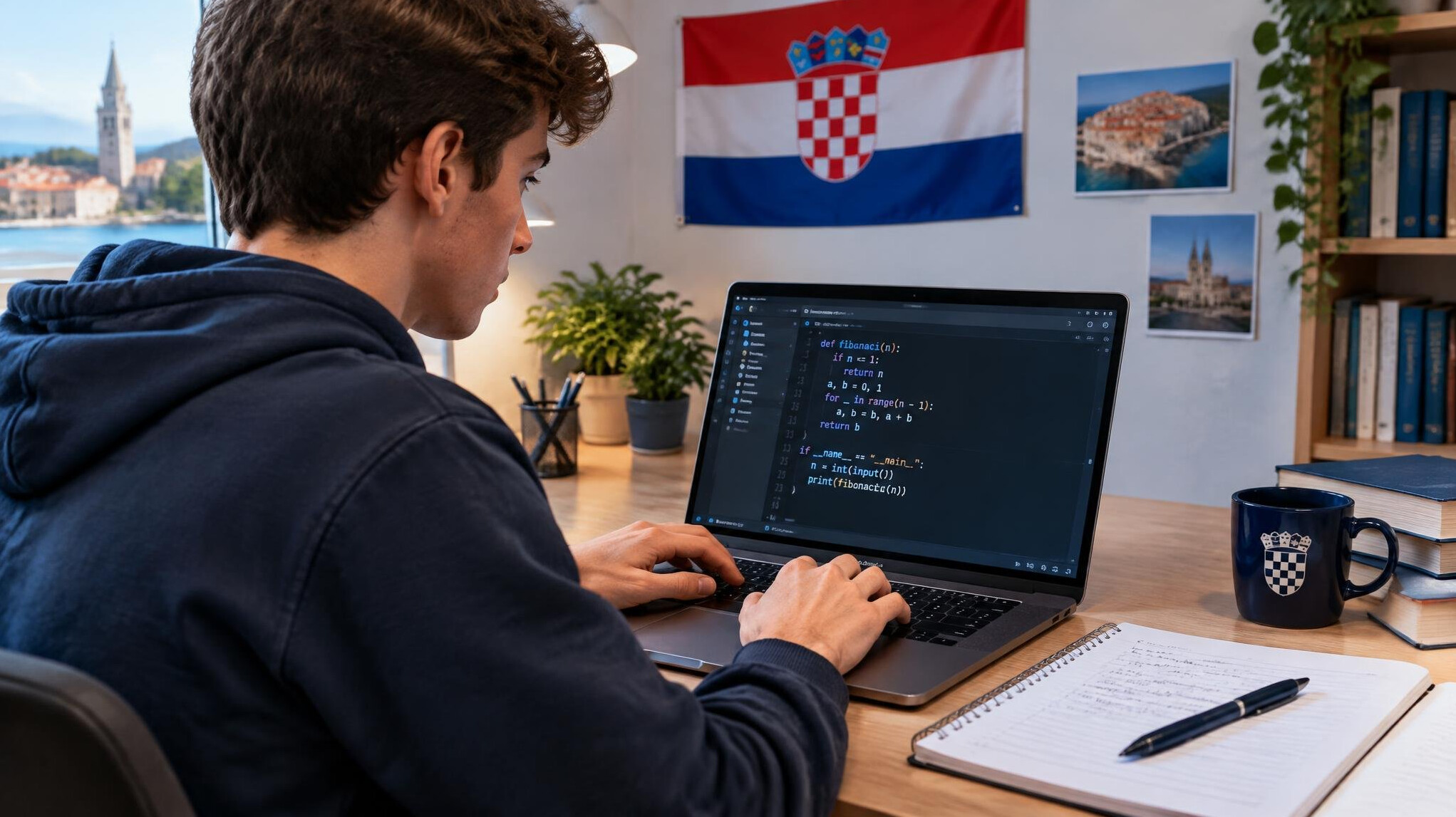 croatian student coding on laptop