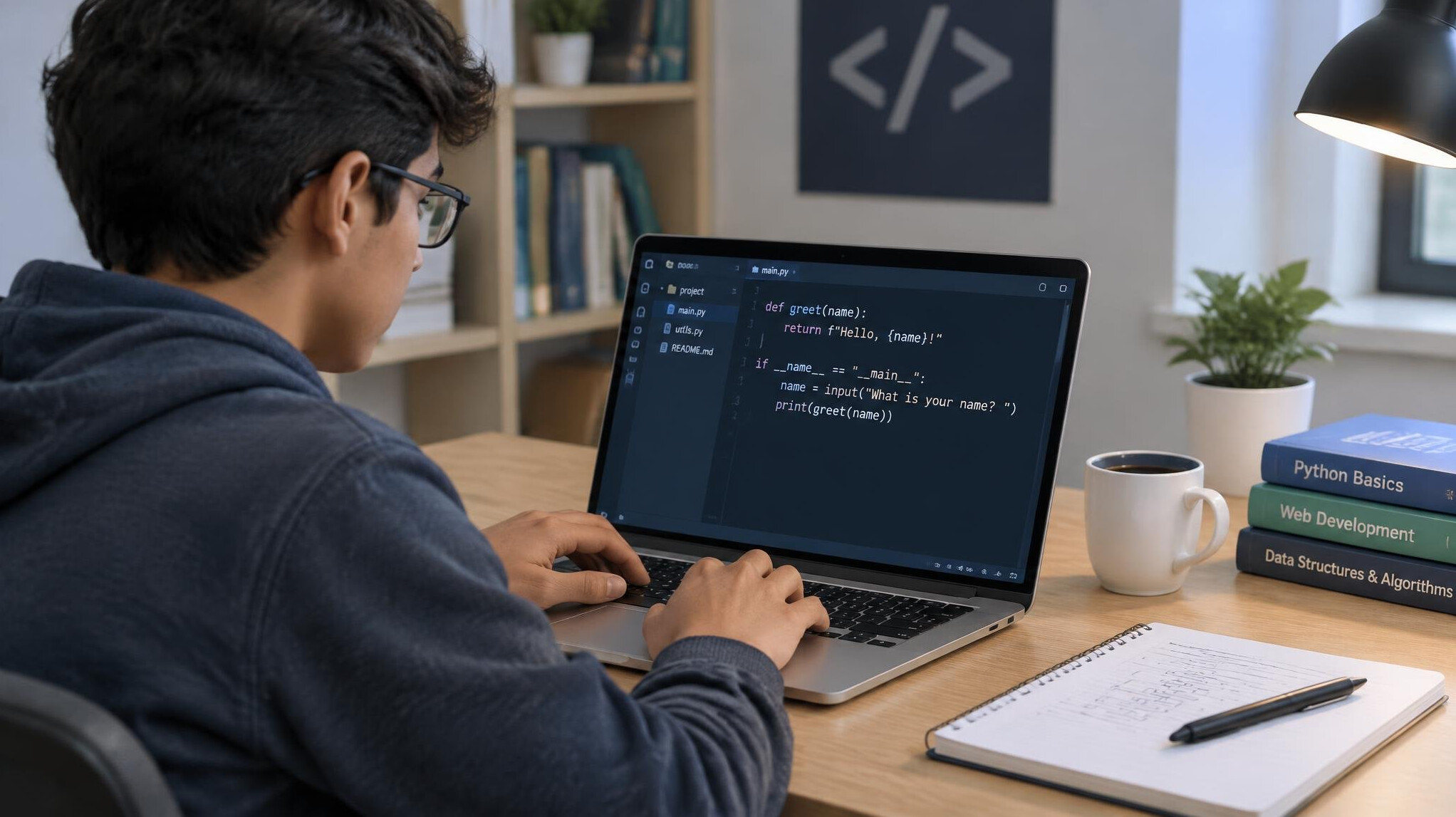 beginner programmer at desk