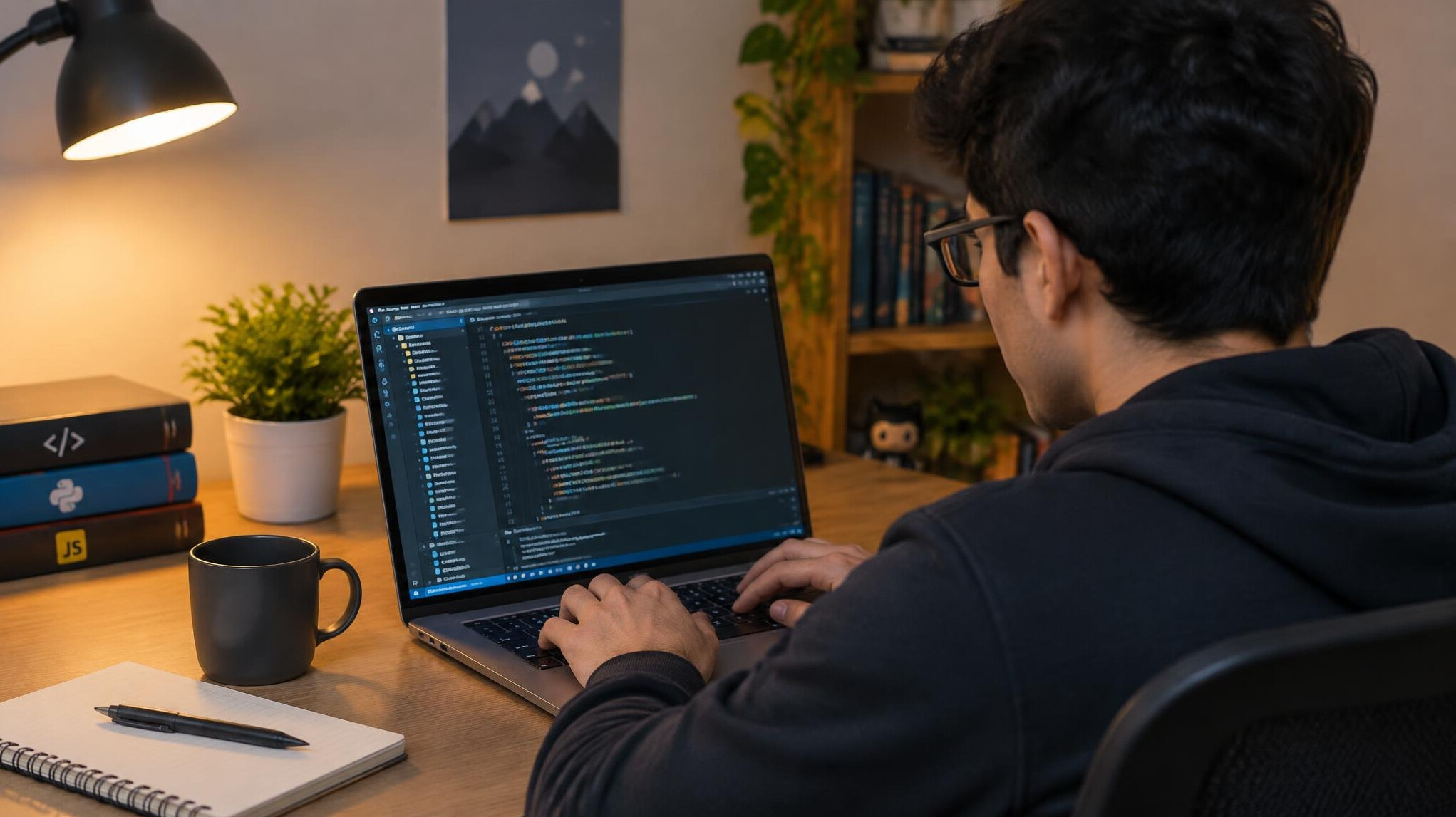 person coding on laptop