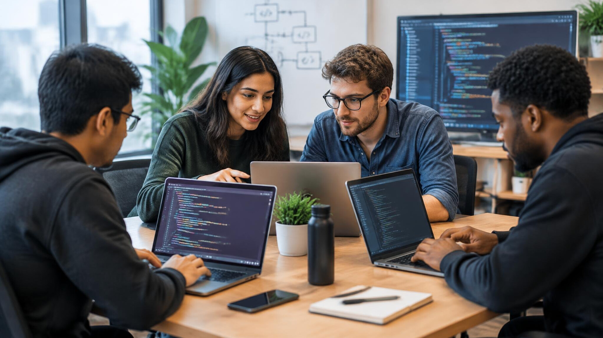team of developers collaborating on code